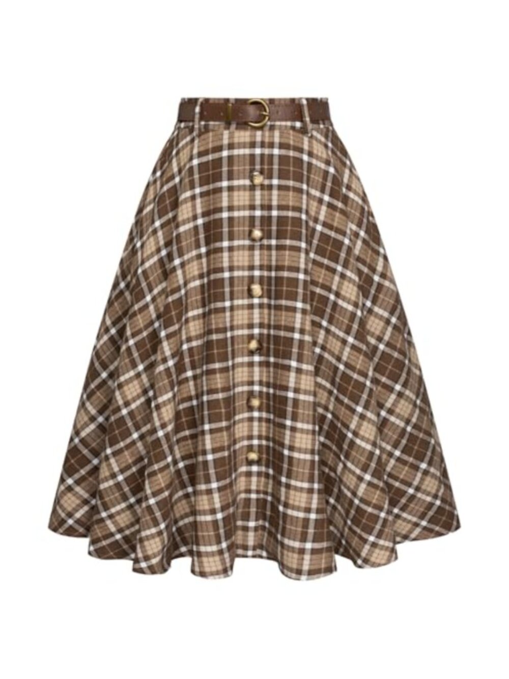 A-Line Flared Midi Plaid Skirt with Pockets & Belt